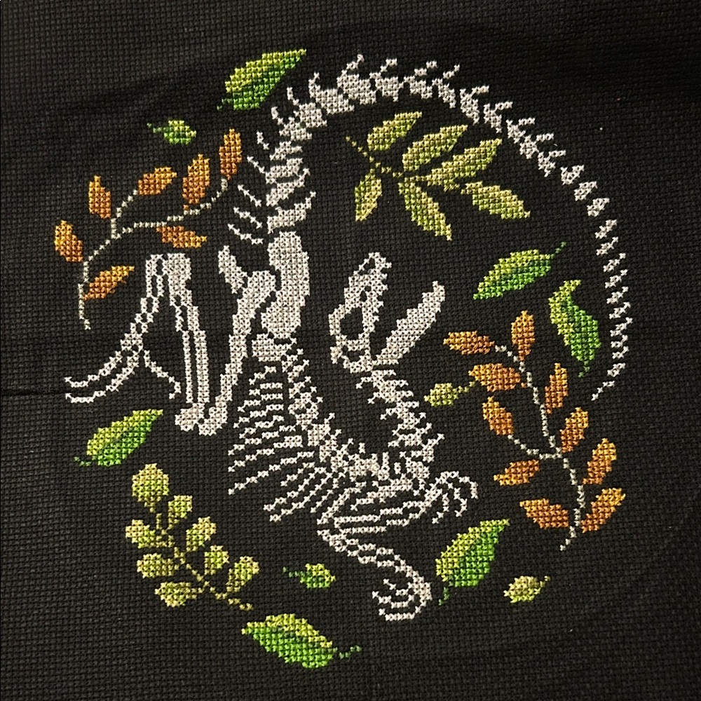 Embroidered Velociraptor and Foliage Cross Stitch